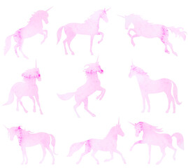 unicorn set of watercolor silhouette, isolated, vector