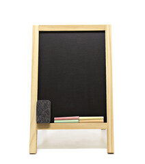 Blackboard,chalk and blackboard eraser isolated on white  background.Concept menu,education and school.