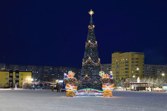 Winter evening in the city of Nadym in the Yamalo-Nenets Autonomous Okrug of Russia
