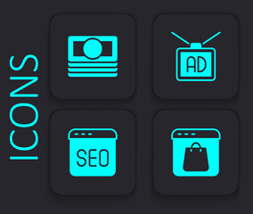 Set Online shopping on screen, Stacks paper money cash, Advertising and SEO optimization icon. Black square button. Vector