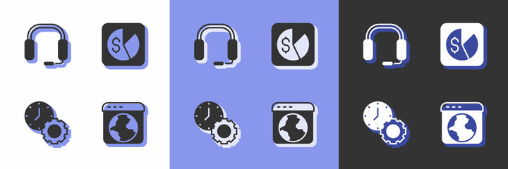Set Worldwide, Headphones, Time management and Market analysis icon. Vector