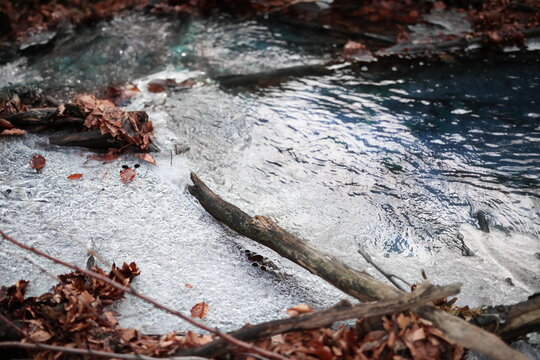Beautiful stream in forest with ice background and texture