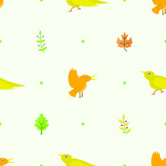 Abstract Doodle Seamless Pattern Leaf, Leaves With Animal Birds Fabric Background Decoration Vector Design Style For Prints Textiles, Clothing, Gift Wrap, Wallpaper, Pastel