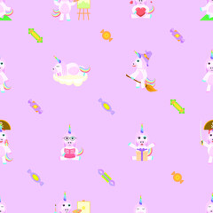 Abstract Doodle Seamless Pattern Leaf Leaves With Animal Unicorns Fabric Background Decoration Vector Design Style For Prints Textiles, Clothing, Gift Wrap, Wallpaper, Pastel