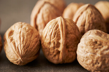 Close-up of walnuts on marble background