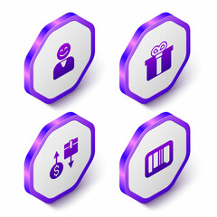 Set Isometric Happy customer, Gift box, Tax cardboard and Barcode icon. Purple hexagon button. Vector