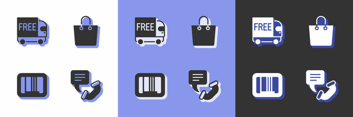 Set Telephone 24 hours support, Free delivery service, Barcode and Paper shopping bag icon. Vector