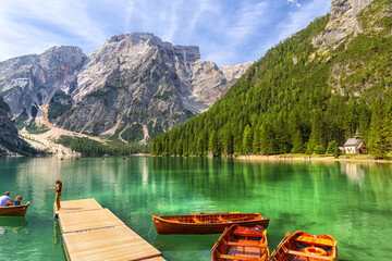 Beautiful view of Lake Braies in the province of Bolzan
