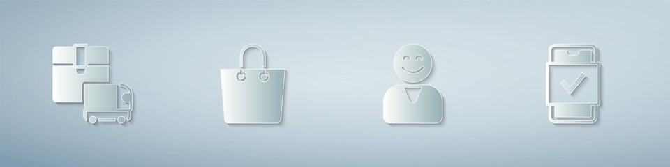 Set Delivery cargo truck, Paper shopping bag, Happy customer and Mobile. Paper art style. Vector