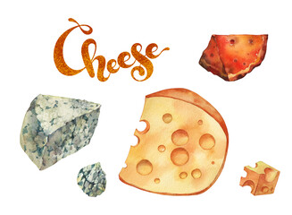 Cheese set.   watercolor illustration on white background.