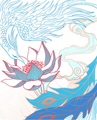 abstract illustration of mythological bird phoenix Fenghuang and lotus, light colors