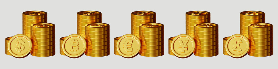 Set of golden coin with different sign on white background. 3d rendering