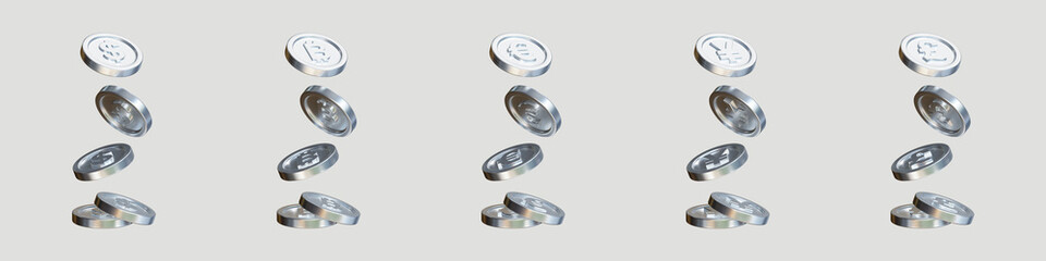 Set of silver coin with different sign on white background. 3d rendering