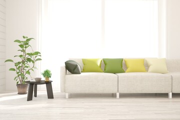 White living room with sofa. Scandinavian interior design. 3D illustration