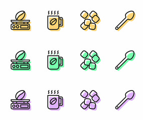 Set line Sugar cubes, Electronic coffee scales, Coffee cup and Teaspoon icon. Vector
