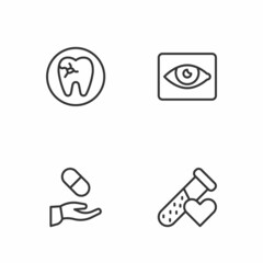 Set line Test tube with blood, Medical prescription, Tooth caries and Red eye effect icon. Vector