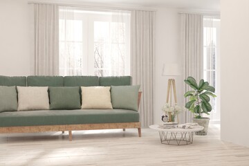 White living room with sofa and winter landscape in window. Scandinavian interior design. 3D illustration
