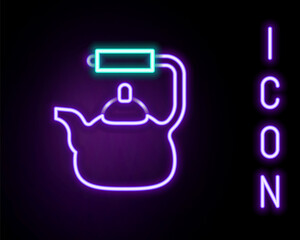 Obraz premium Glowing neon line Kettle with handle icon isolated on black background. Teapot icon. Colorful outline concept. Vector