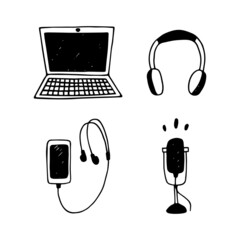 gadgets hand drawn set in doodle style: headphones, phone, microphone, laptop