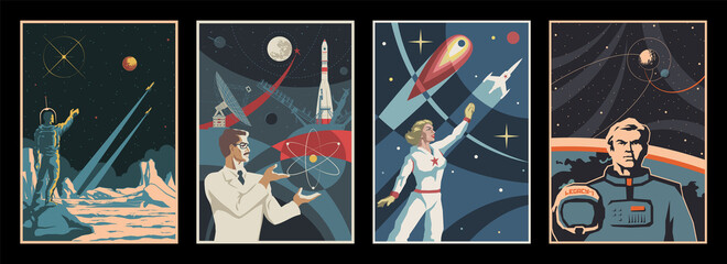 Space Propaganda Poster Set, Retro Science and Space Illustrations Style, Astronauts, Scientist, Space Rockets and Planets - obrazy, fototapety, plakaty