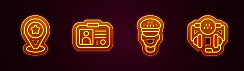 Set line Location with star, Taxi driver license, and call telephone service. Glowing neon icon. Vector