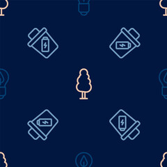 Set line Light bulb with leaf, Trash can and Tree on seamless pattern. Vector