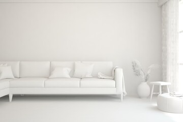 White minimalist living room with sofa. Scandinavian interior design. 3D illustration