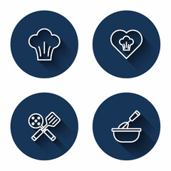 Set line Chef hat, Spatula and Cooking whisk with bowl with long shadow. Blue circle button. Vector