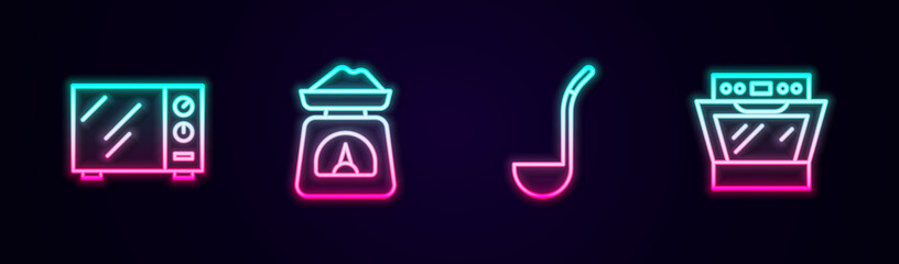Set line Microwave oven, Scales, Kitchen ladle and Oven. Glowing neon icon. Vector