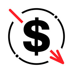 Cost reduction- decrease dollar icon. Vector symbol image isolated on background