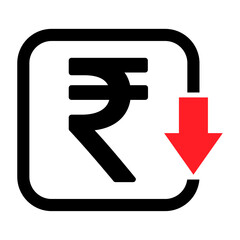 Cost reduction- decrease rupee icon. Vector symbol isolated on background