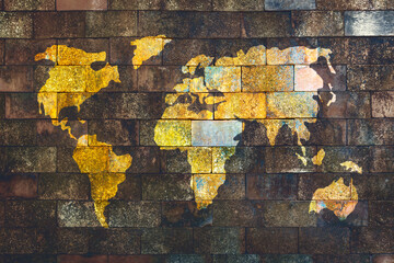 Bright color World map on grunge wall background, There are a way to clean up or get our world better for our future generation concept