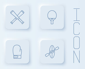 Set line Crossed baseball bat, Racket, Boxing glove and Kayak and paddle. White square button. Vector