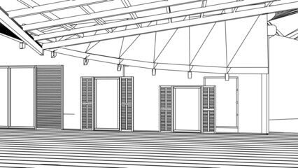 3d render of a modern house with pergolas, sketch