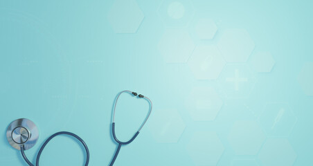 Blue stethoscope on blue medical background, medical and health care concept, 3D illustrations rendering