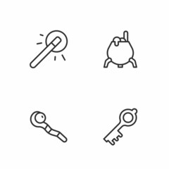 Set line Old magic key, Magic staff, wand and Witch cauldron icon. Vector