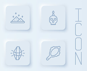 Set line Magic powder, Burning candle on skull, stone and hand mirror. White square button. Vector