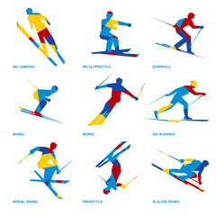 Winter sports icon set. Nine silhouettes of athletes with deep blue pattern. Different kinds of ski - jumping, running, freestyle, slopestyle, acrobatics, slalom.