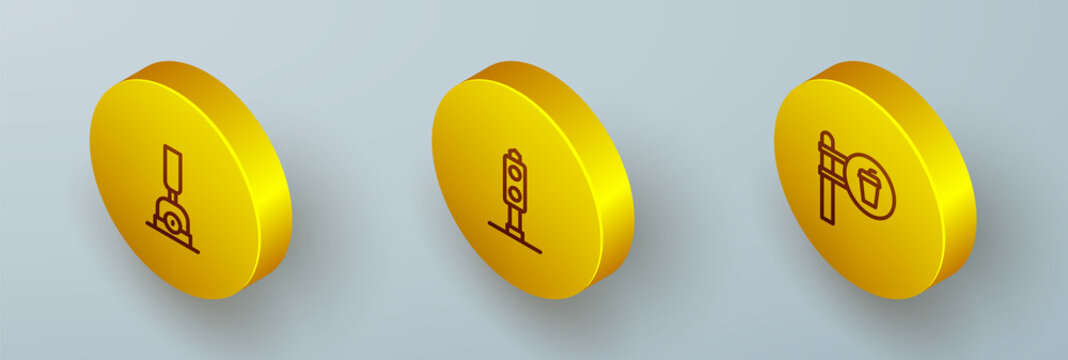 Set Isometric line Arrow for switching the railway, Train traffic light and Cafe and restaurant location icon. Vector