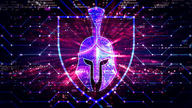 Network Protection Concept with Spartan Helmet Surrounded by Digital Network on Abstract Technology Background