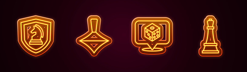 Set line Chess, Whirligig toy, Game dice and . Glowing neon icon. Vector