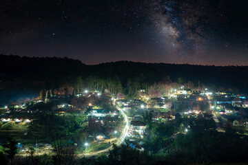 Aerial view Ban Rong Kla village Phitsanulok, Thailand. Beautiful night landscape in the winter season.