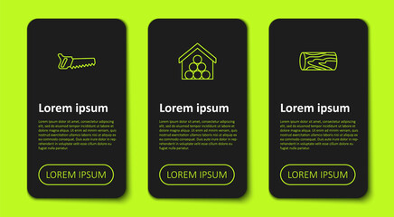 Obraz premium Set line Hand saw, Wooden logs and . Business infographic template. Vector