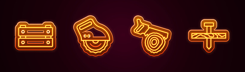 Set line Wooden box, Electric circular saw, Hand and log and Metallic nail. Glowing neon icon. Vector