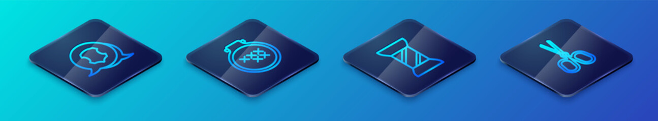 Set Isometric line Sewing thread on spool, Leather, Scissors and Round adjustable embroidery hoop icon. Vector