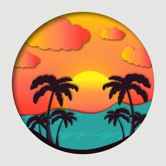 Fototapeta na wymiar Vector of summer poster, banner summer travel and Flat sunset background with palm trees