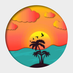 Fototapeta na wymiar Vector of summer poster, banner summer travel and Flat sunset background with palm trees