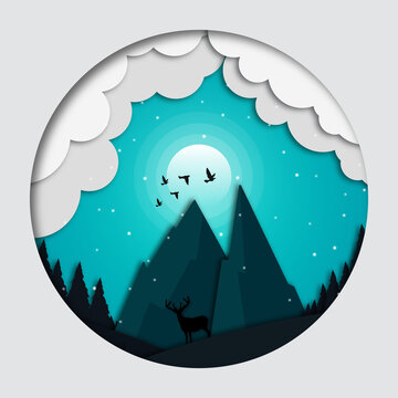 mountain landscape illustration in paper cut style.  night flat vector mountain landscape with moon