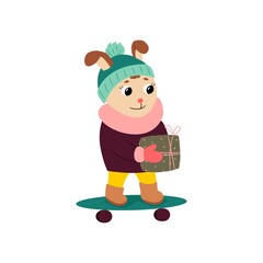 Cute rabbit on a skateboard in winter clothes with a gift in his hands. Vector illustration in flat style. Isolate.
