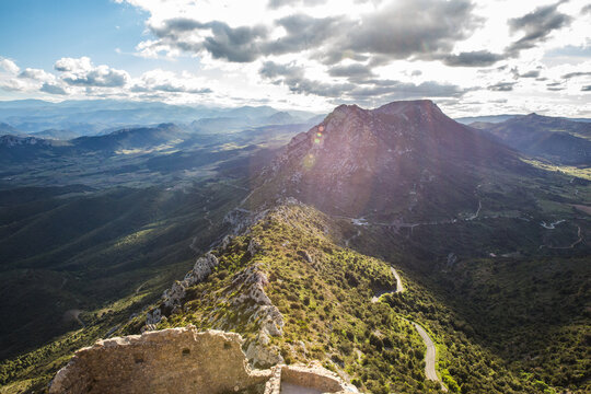 View of Aude Valley and Landscape from Queribus Cathar Castle Tower on a Sunny Day in France